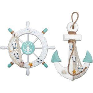 2 Pack 11" Nautical Beach Wooden Ship Wheel and 13" Wood Anchor with Rope